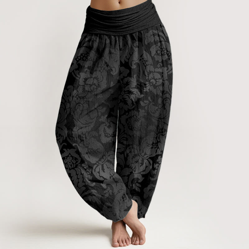 Pantalones bombachos de mujer con cintura elástica, de algodón, estilo casual, con diseño de flores y hojas, estampado de Buddha Stones. - Negro - US22，UK/AU26，EU54 (6XL) - image 4