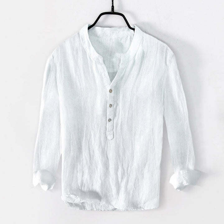 Camisa de manga larga de lino y algodón para hombre con estampado arquitectónico de huellas de manos de Buddha Stones. - image 7