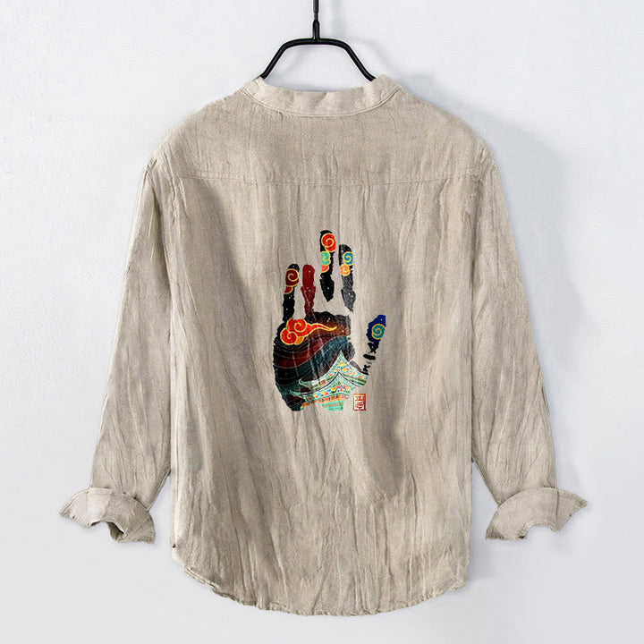 Camisa de manga larga de lino y algodón para hombre con estampado arquitectónico de huellas de manos de Buddha Stones. - Lino - US/UK/AU50, UE60 (5XL) - image 0