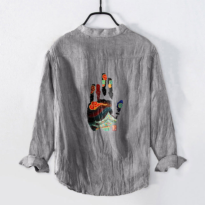 Camisa de manga larga de lino y algodón para hombre con estampado arquitectónico de huellas de manos de Buddha Stones. - Gris - US/UK/AU50, UE60 (5XL) - image 3