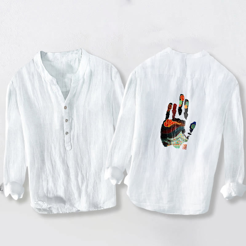 Camisa de manga larga de lino y algodón para hombre con estampado arquitectónico de huellas de manos de Buddha Stones. - image 8