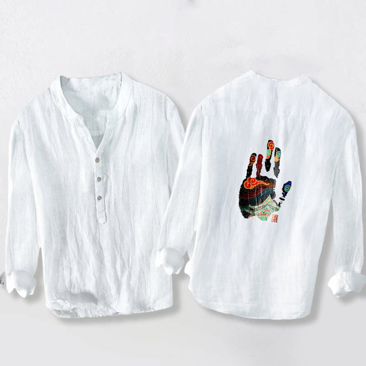 Camisa de manga larga de lino y algodón para hombre con estampado arquitectónico de huellas de manos de Buddha Stones. - image 8