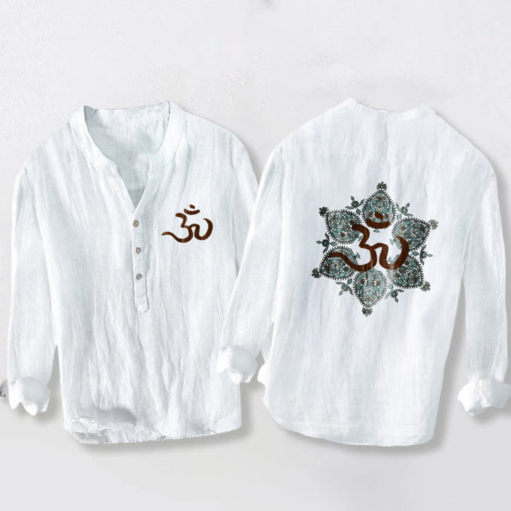 Camisa de manga larga de algodón y lino para hombre con diseño de mandala simétrico y símbolo Om de Buddha Stones y medio botón. - Blanco - US/UK/AU50, UE60 (5XL) - image 6