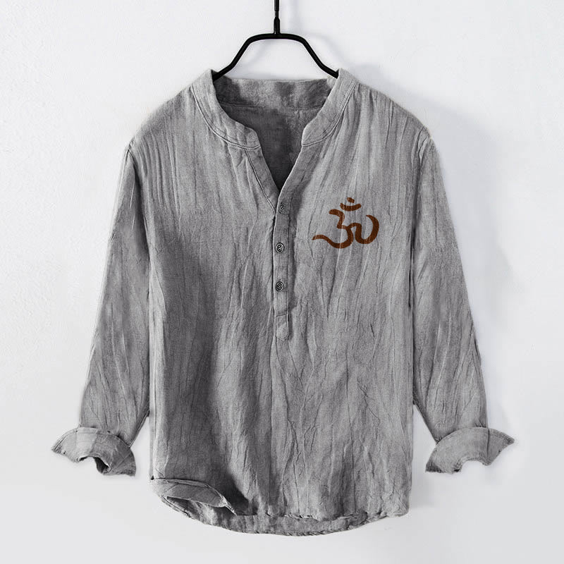 Camisa de manga larga de algodón y lino para hombre con diseño de mandala simétrico y símbolo Om de Buddha Stones y medio botón. - image 4