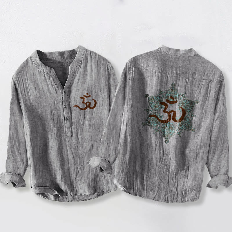 Camisa de manga larga de algodón y lino para hombre con diseño de mandala simétrico y símbolo Om de Buddha Stones y medio botón. - Gris - US/UK/AU50, UE60 (5XL) - image 3