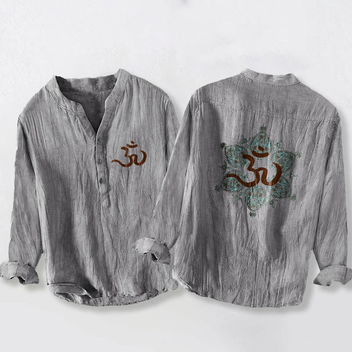 Camisa de manga larga de algodón y lino para hombre con diseño de mandala simétrico y símbolo Om de Buddha Stones y medio botón. - Gris - US/UK/AU50, UE60 (5XL) - image 3