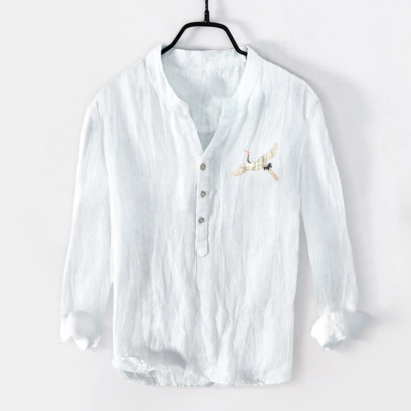 Camisa de manga larga de lino y algodón para hombre con estampado de Buddha Stones, montañas, grullas y nubes, con botones. - image 7