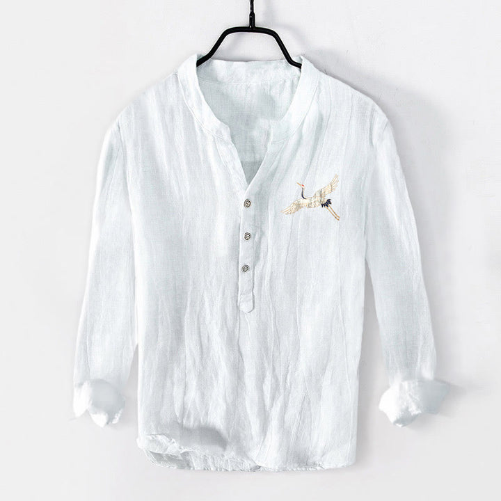 Camisa de manga larga de lino y algodón para hombre con estampado de Buddha Stones, montañas, grullas y nubes, con botones. - image 7