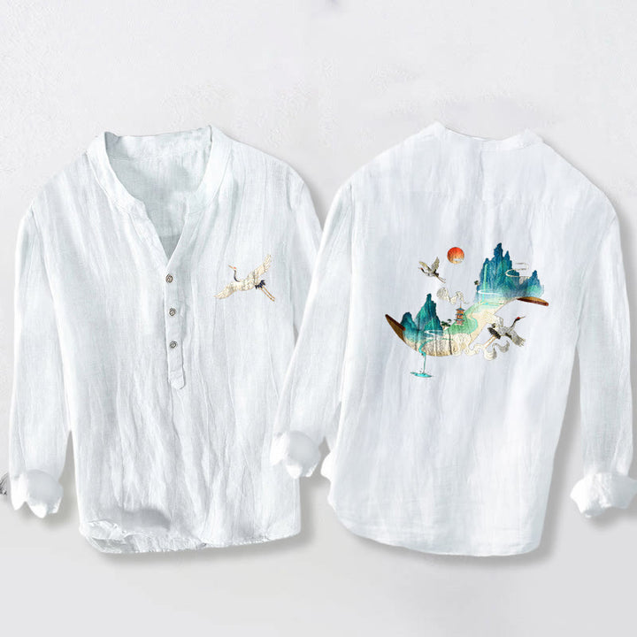 Camisa de manga larga de lino y algodón para hombre con estampado de Buddha Stones, montañas, grullas y nubes, con botones. - Blanco - US/UK/AU50, UE60 (5XL) - image 6