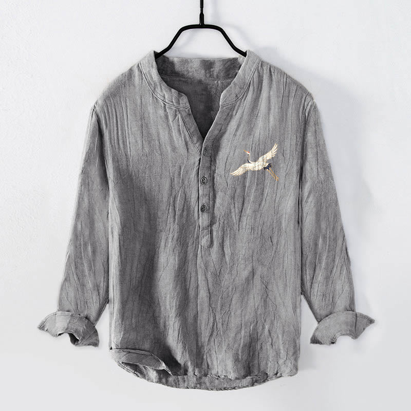 Camisa de manga larga de lino y algodón para hombre con estampado de Buddha Stones, montañas, grullas y nubes, con botones. - image 1