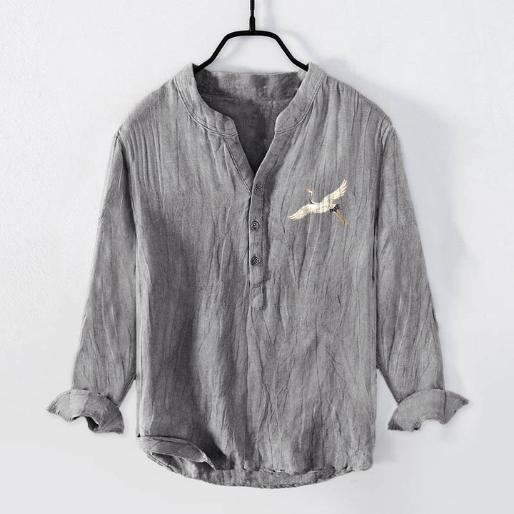 Camisa de manga larga de lino y algodón para hombre con estampado de Buddha Stones, montañas, grullas y nubes, con botones. - image 1