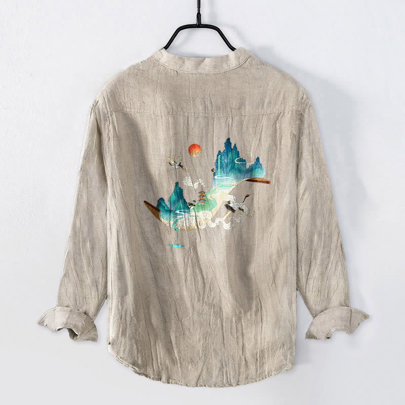 Camisa de manga larga de lino y algodón para hombre con estampado de Buddha Stones, montañas, grullas y nubes, con botones. - image 5