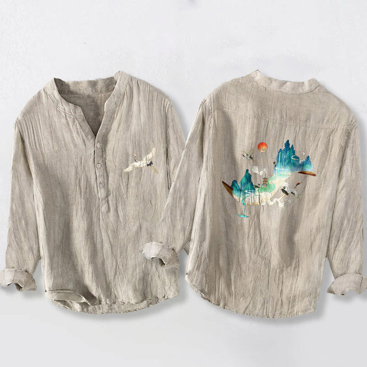 Camisa de manga larga de lino y algodón para hombre con estampado de Buddha Stones, montañas, grullas y nubes, con botones. - Lino - US/UK/AU50, UE60 (5XL) - image 3