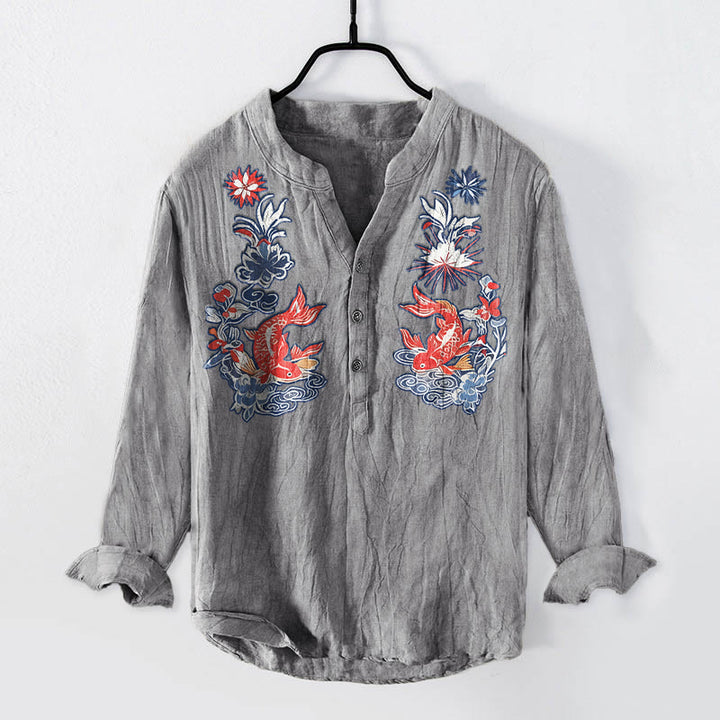 Camisa de manga larga para hombre de algodón y lino con estampado floral de pez koi y Buddha Stones, con botones y medio cuello - Gris - US/UK/AU50, UE60 (5XL) - image 3
