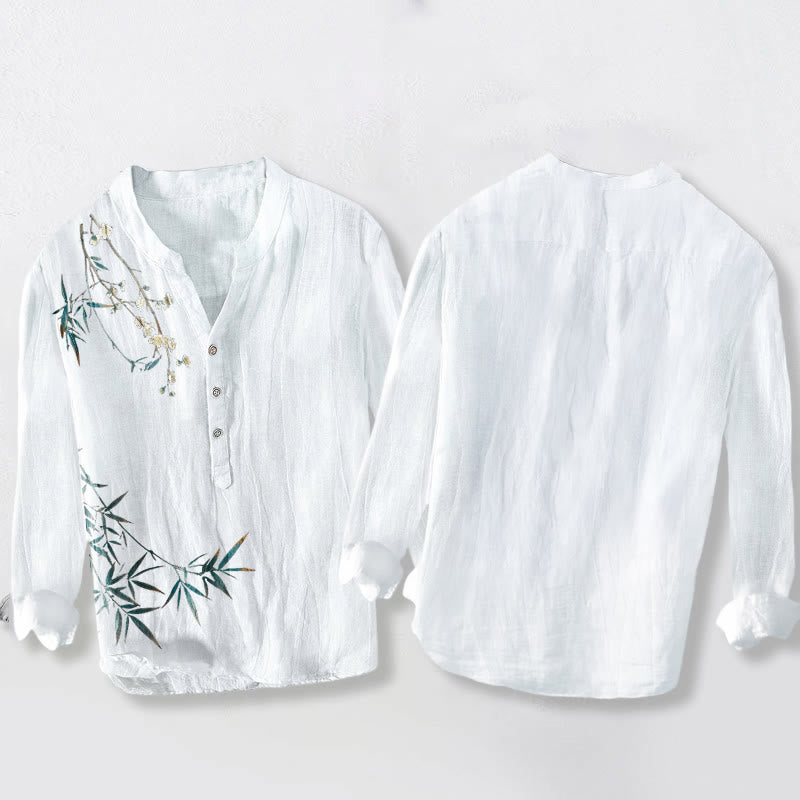 Camisa de manga larga para hombre de algodón y lino con estampado de hojas de bambú y ciruelo blanco y Buddha Stones - image 8