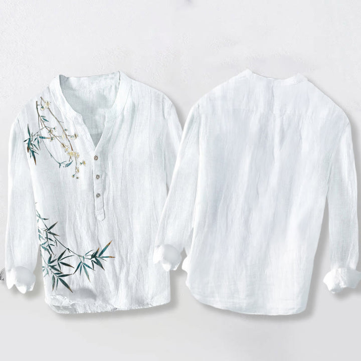 Camisa de manga larga para hombre de algodón y lino con estampado de hojas de bambú y ciruelo blanco y Buddha Stones - image 8