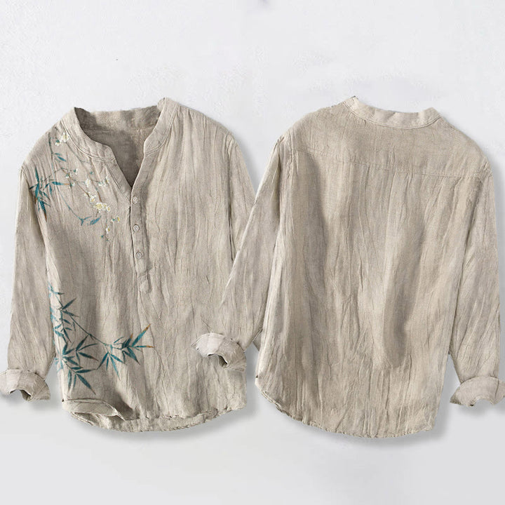 Camisa de manga larga para hombre de algodón y lino con estampado de hojas de bambú y ciruelo blanco y Buddha Stones - image 2