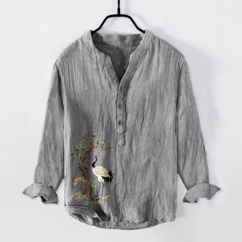 Camisa de manga larga para hombre de algodón y lino con estampado de grullas, pinos y Buddha Stones, con botones y medio cuello. - Gris - US/UK/AU50, UE60 (5XL) - image 3