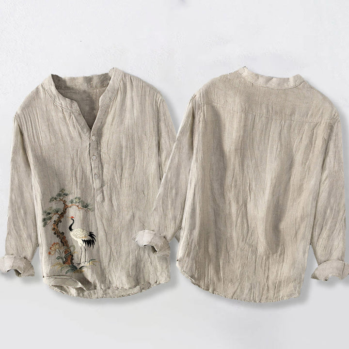 Camisa de manga larga para hombre de algodón y lino con estampado de grullas, pinos y Buddha Stones, con botones y medio cuello. - image 2