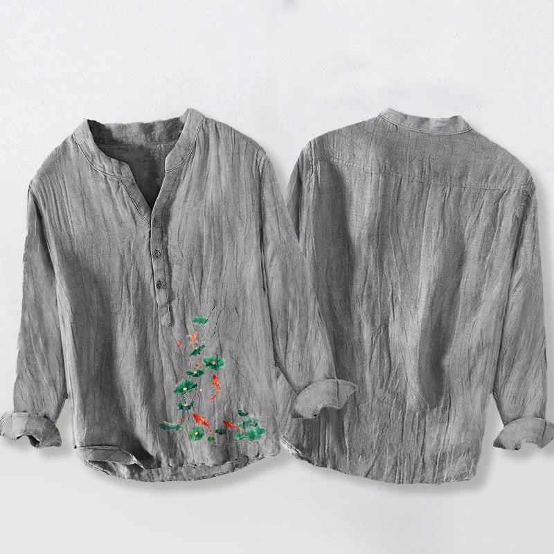 Camisa de manga larga para hombre de algodón y lino con estampado de hojas de loto, Buddha Stones, con botones y medio cuello. - image 8