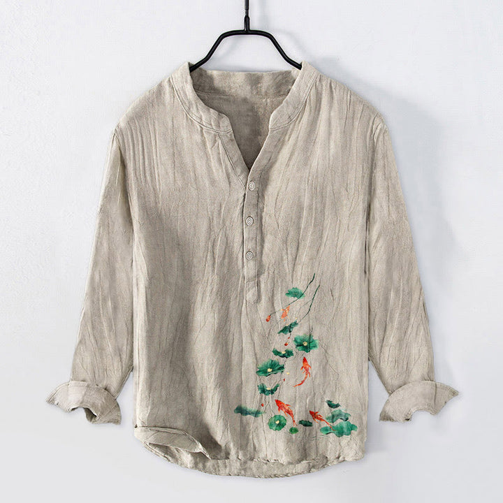 Camisa de manga larga para hombre de algodón y lino con estampado de hojas de loto, Buddha Stones, con botones y medio cuello. - Lino - US/UK/AU50, UE60 (5XL) - image 3