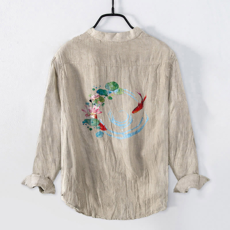 Camisa de lino y algodón para hombre, manga larga, botones, diseño de Buddha Stones koi, flores de loto y hojas - Lino - US/UK/AU50, UE60 (5XL) - image 3