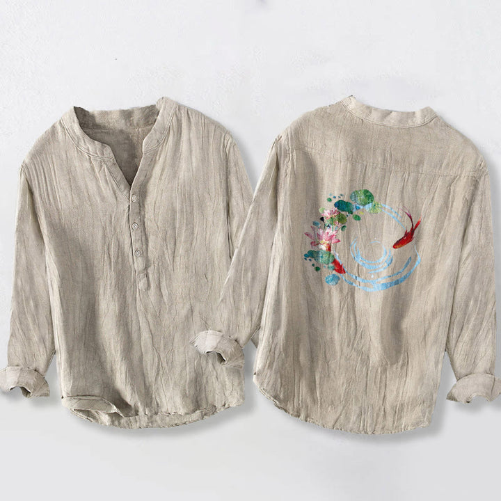 Camisa de lino y algodón para hombre, manga larga, botones, diseño de Buddha Stones koi, flores de loto y hojas - image 5
