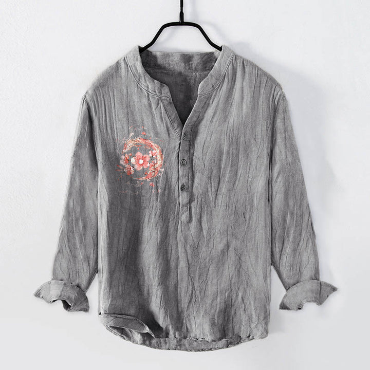 Camisa de lino y algodón para hombre, manga larga, botones y estampado de flores de cerezo y dragón rosa con Buddha Stones - Gris - US/UK/AU50, UE60 (5XL) - image 0