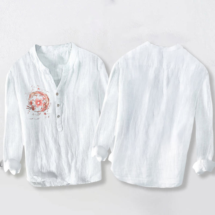 Camisa de lino y algodón para hombre, manga larga, botones y estampado de flores de cerezo y dragón rosa con Buddha Stones - image 8