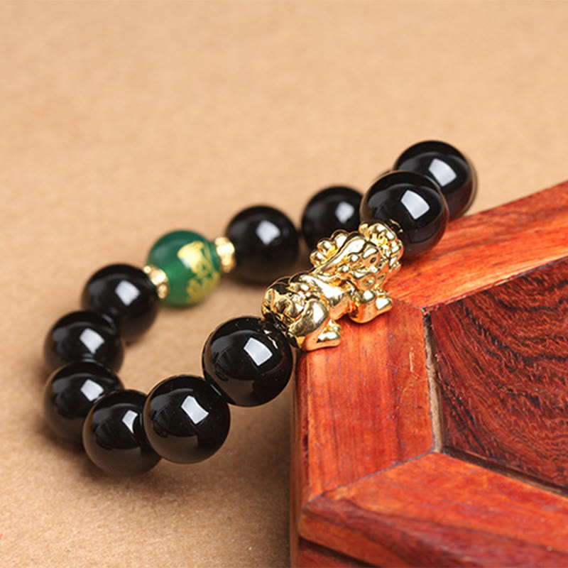 Pulsera de protección Pi Xiu con cuentas de ágata verde y ónix negro de Buddha Stones - image 2