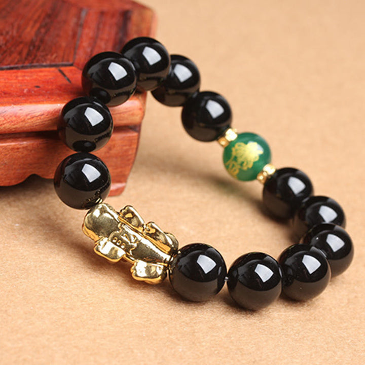 Pulsera de protección Pi Xiu con cuentas de ágata verde y ónix negro de Buddha Stones - Ónix negro - 14 mm (circunferencia de la muñeca: 17-21 cm) - image 0