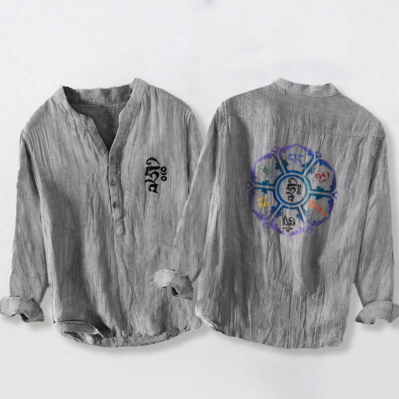 Camisa de lino y algodón para hombre, manga larga, botones y estampado de mandala colorido con Buddha Stones Om Mani Padme Hum - Gris - US/UK/AU50, UE60 (5XL) - image 6