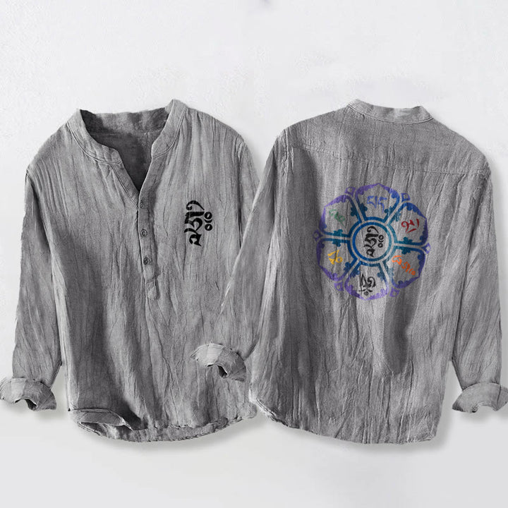 Camisa de lino y algodón para hombre, manga larga, botones y estampado de mandala colorido con Buddha Stones Om Mani Padme Hum - Gris - US/UK/AU50, UE60 (5XL) - image 6