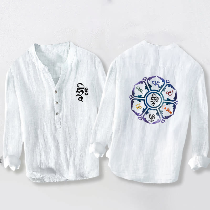 Camisa de lino y algodón para hombre, manga larga, botones y estampado de mandala colorido con Buddha Stones Om Mani Padme Hum - Blanco - US/UK/AU50, UE60 (5XL) - image 0