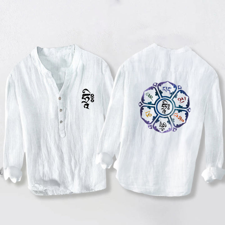 Camisa de lino y algodón para hombre, manga larga, botones y estampado de mandala colorido con Buddha Stones Om Mani Padme Hum - Blanco - US/UK/AU50, UE60 (5XL) - image 0