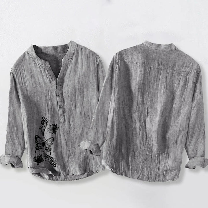 Camisa de lino y algodón para hombre, manga larga, botones y estampado de loto, mariposa y Buddha Stones - image 5