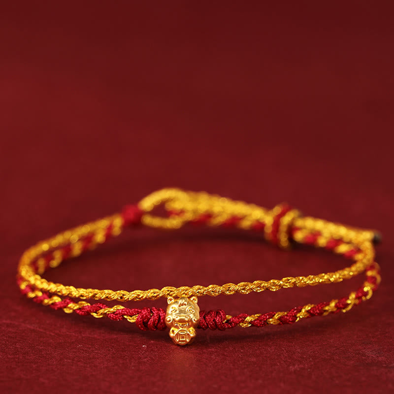 Pulsera de la suerte con hilo rojo dorado de doble vuelta con cuentas de oro 999 del Año del Caballo y Buddha Stones - image 1