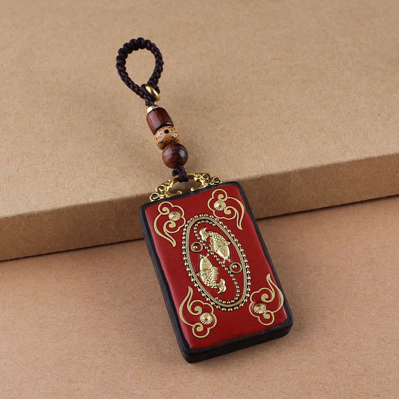 Buddha Stones Llavero con botón de flor de ébano, pez koi y carácter chino de la suerte con cuerda - Cuerda de botón marrón - Pez koi - image 2