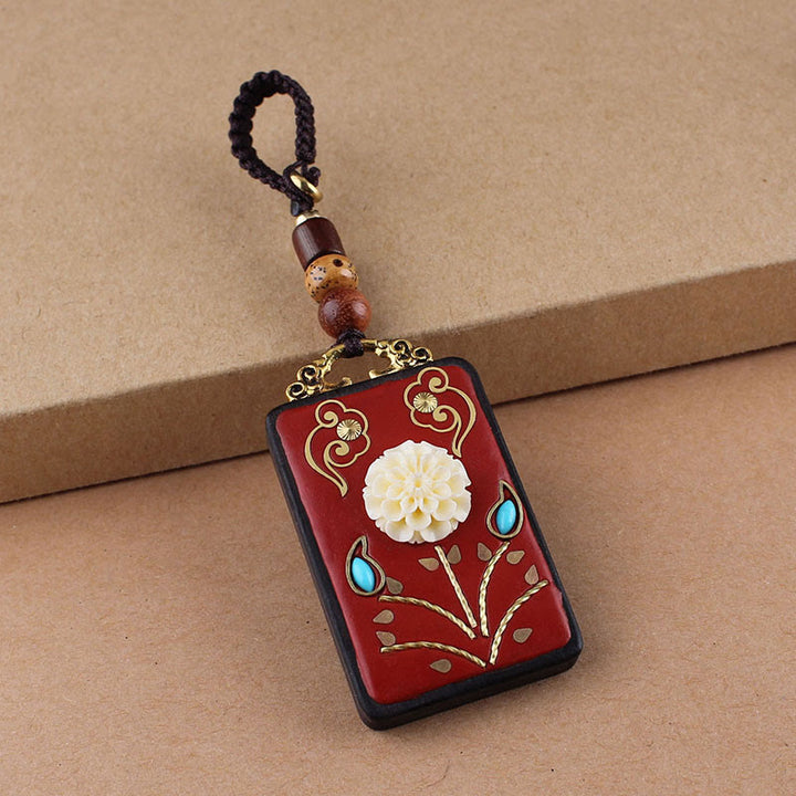 Buddha Stones Llavero con botón de flor de ébano, pez koi y carácter chino de la suerte con cuerda - Cuerda de botón marrón - Hortensia - image 12