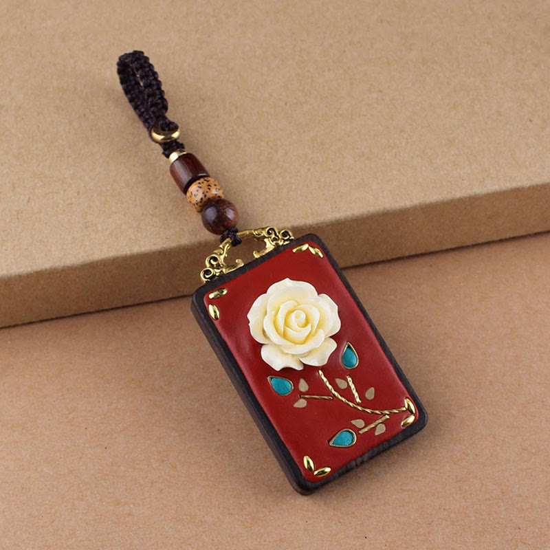 Buddha Stones Llavero con botón de flor de ébano, pez koi y carácter chino de la suerte con cuerda - Cuerda de botón marrón - Rosa - image 1