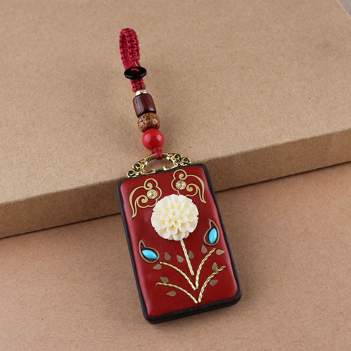 Buddha Stones Llavero con botón de flor de ébano, pez koi y carácter chino de la suerte con cuerda - Cuerda de botón rojo - Hortensia - image 18