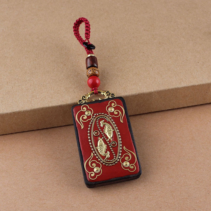 Buddha Stones Llavero con botón de flor de ébano, pez koi y carácter chino de la suerte con cuerda - Cuerda de botón rojo - Pez koi - image 15