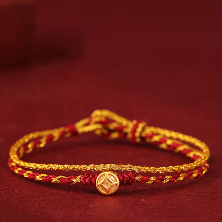 Pulsera trenzada con Buddha Stones de oro 999 y monedas de cobre de doble vuelta con hilo rojo dorado. - Moneda de cobre y oro 999 - image 6
