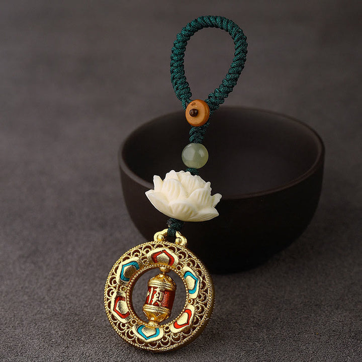 Llavero giratorio de cobre con cuentas de jade hetiano y semillas de Bodhi de Buddha Stones - Rueda de oración - Cuerda de botón verde - image 14