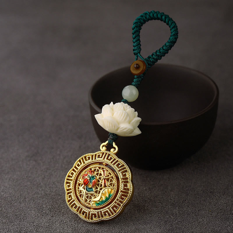 Llavero giratorio de cobre con cuentas de jade hetiano y semillas de Bodhi de Buddha Stones - Libélula Hoja de Loto - Cuerda de botón verde - image 1