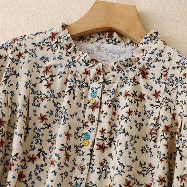 Camisa de algodón de manga larga para mujer con estampado floral otoñal de Buddha Stones y botones - image 9