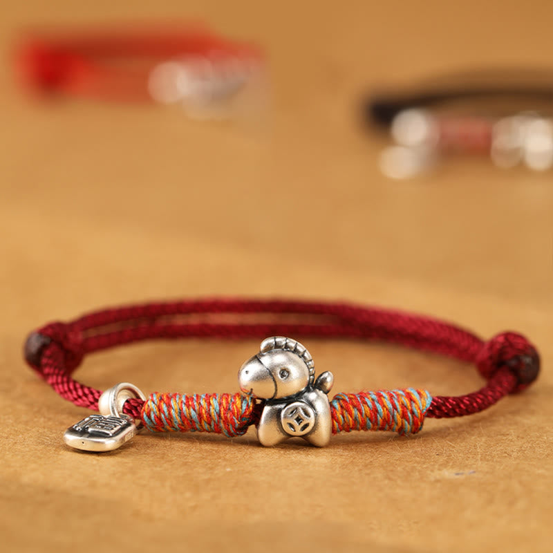 Pulsera trenzada con Buddha Stones en plata de ley 999 con el personaje Fu del Año del Caballo. - image 3