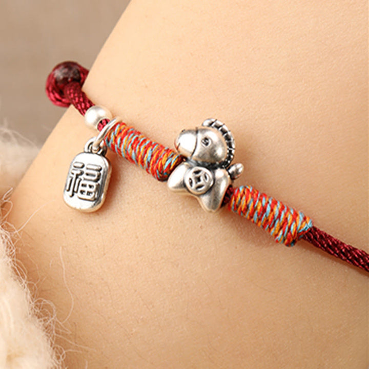 Pulsera trenzada con Buddha Stones en plata de ley 999 con el personaje Fu del Año del Caballo. - image 13