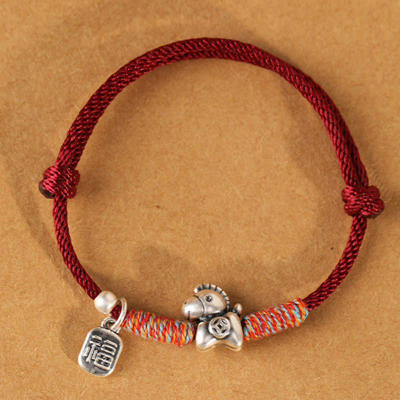 Pulsera trenzada con Buddha Stones en plata de ley 999 con el personaje Fu del Año del Caballo. - image 2