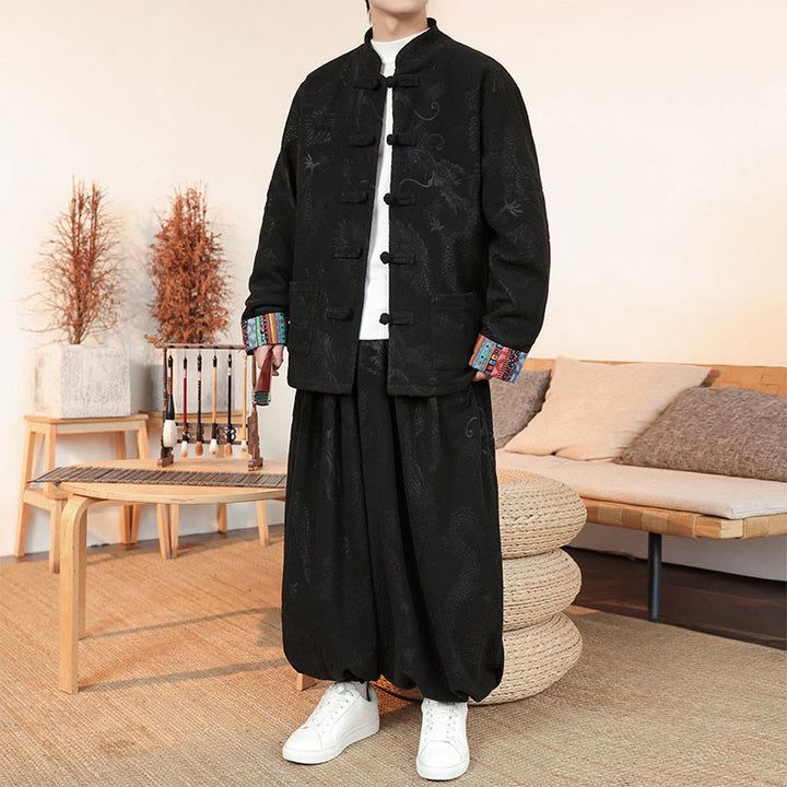 Conjunto de 2 piezas de traje Tang para hombre, de algodón, con botones de rana y dragón, de Buddha Stones , para otoño e invierno, con chaqueta y pantalones de manga larga. - Negro - US/UK/AU46, EU56 (5XL) - image 0
